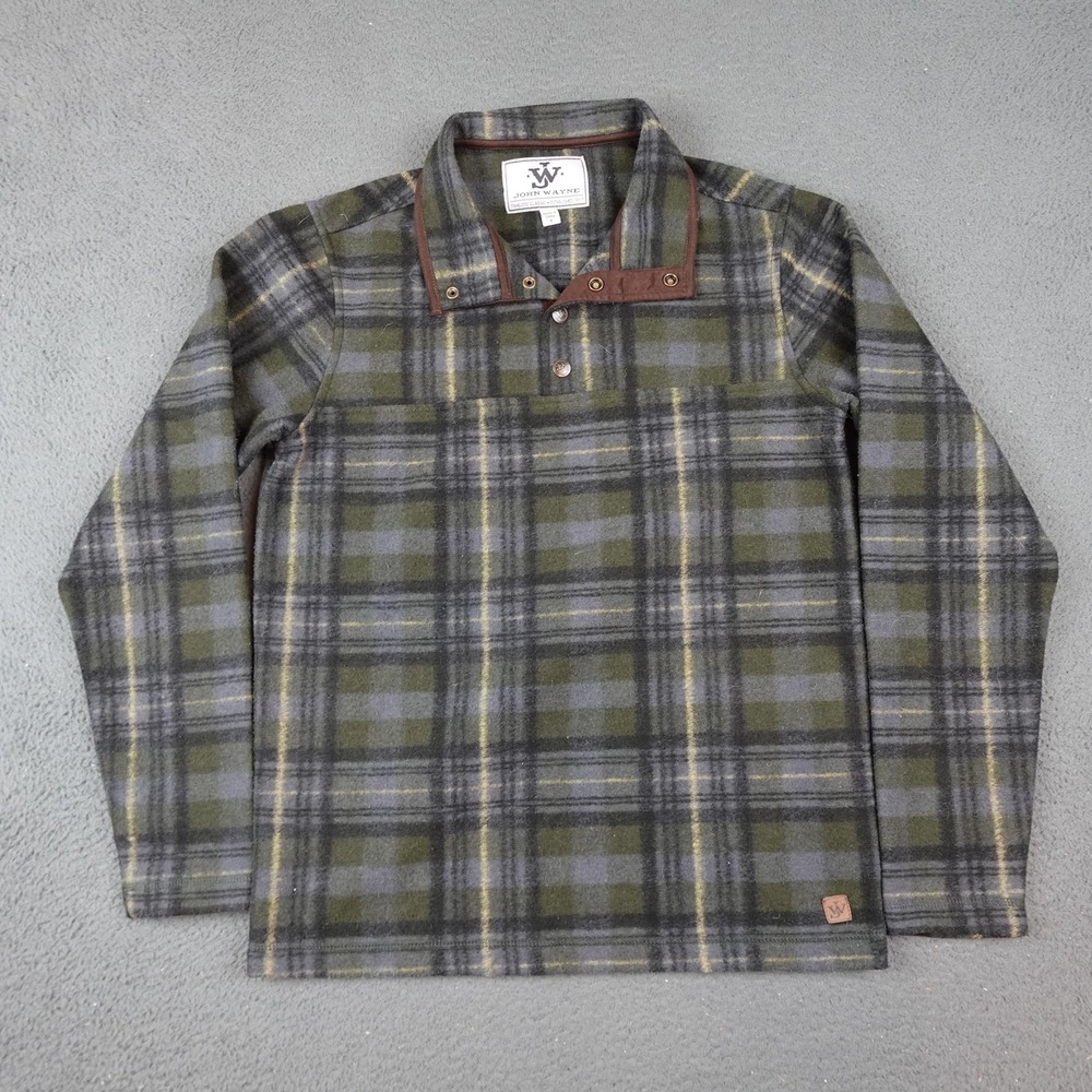 John Wayne Pullover Mens Small Green Gray Plaid Fleece Snap Button